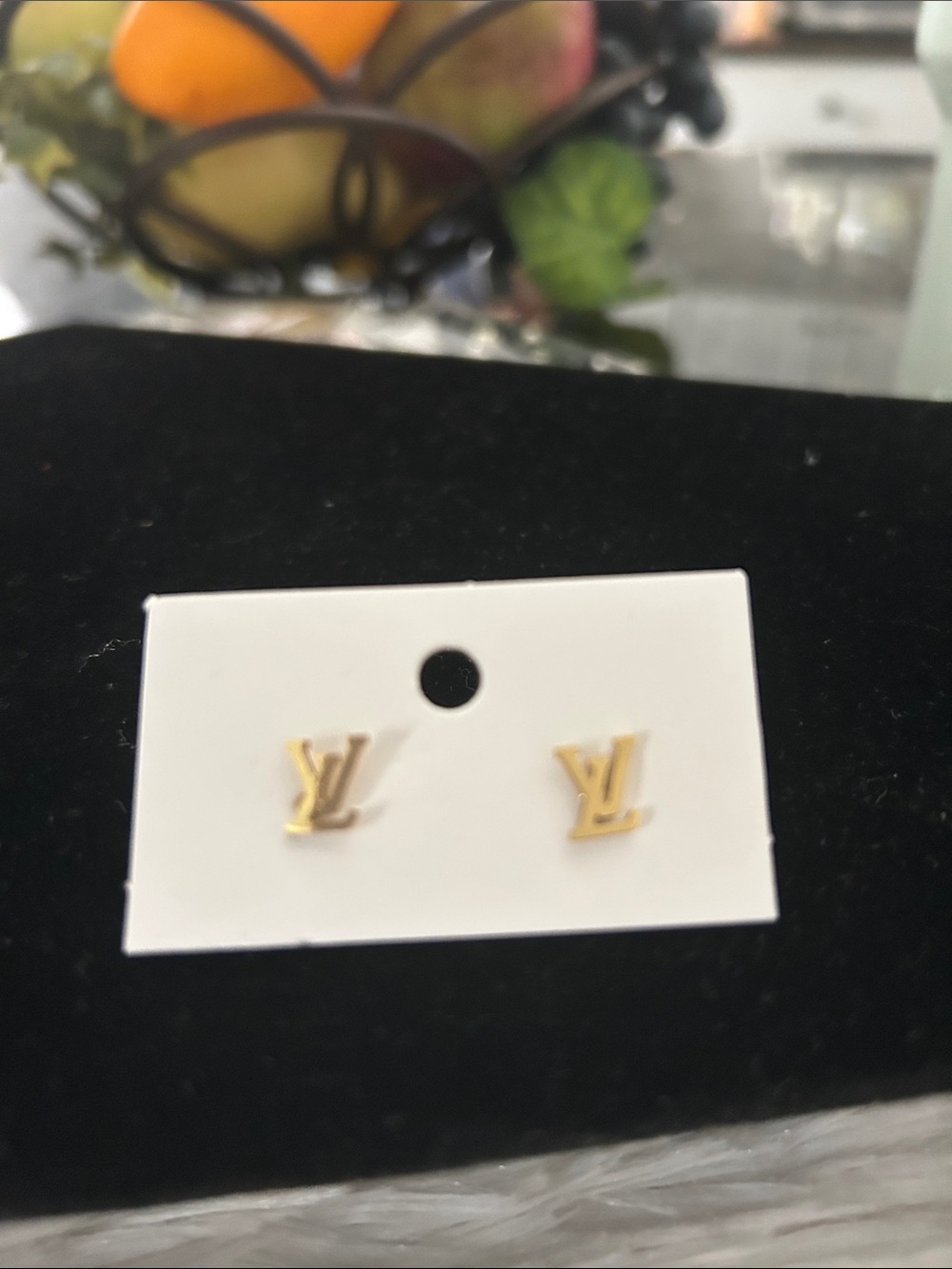 Gold LV Monogram Stud Earrings - Women's Fashion Jewelry - Picture 5 of 5